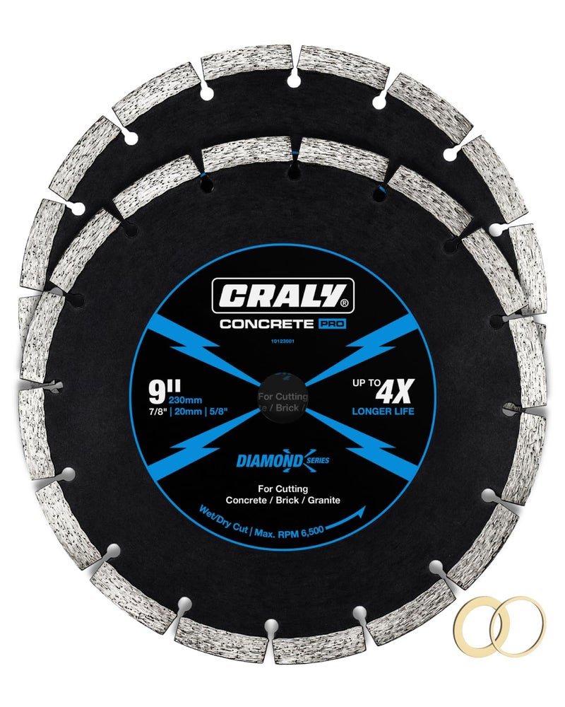 CRALY 9 Inch Super Thin Segmented Diamond Blade, 7/8 in Arbor, 9'' Diamond Stone Blade for Angle Grinder & Masonry Saw, Diamond Cutting Wheel for Cutting Concrete, Brick, Granite, Block, 2PC - Image 1